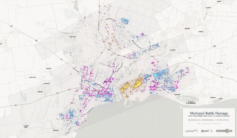 Mariupol battle damage. Planet SkySat images taken May 8, 2022. Blue = residential single-story, Pink = High-rise, Yellow = Industrial