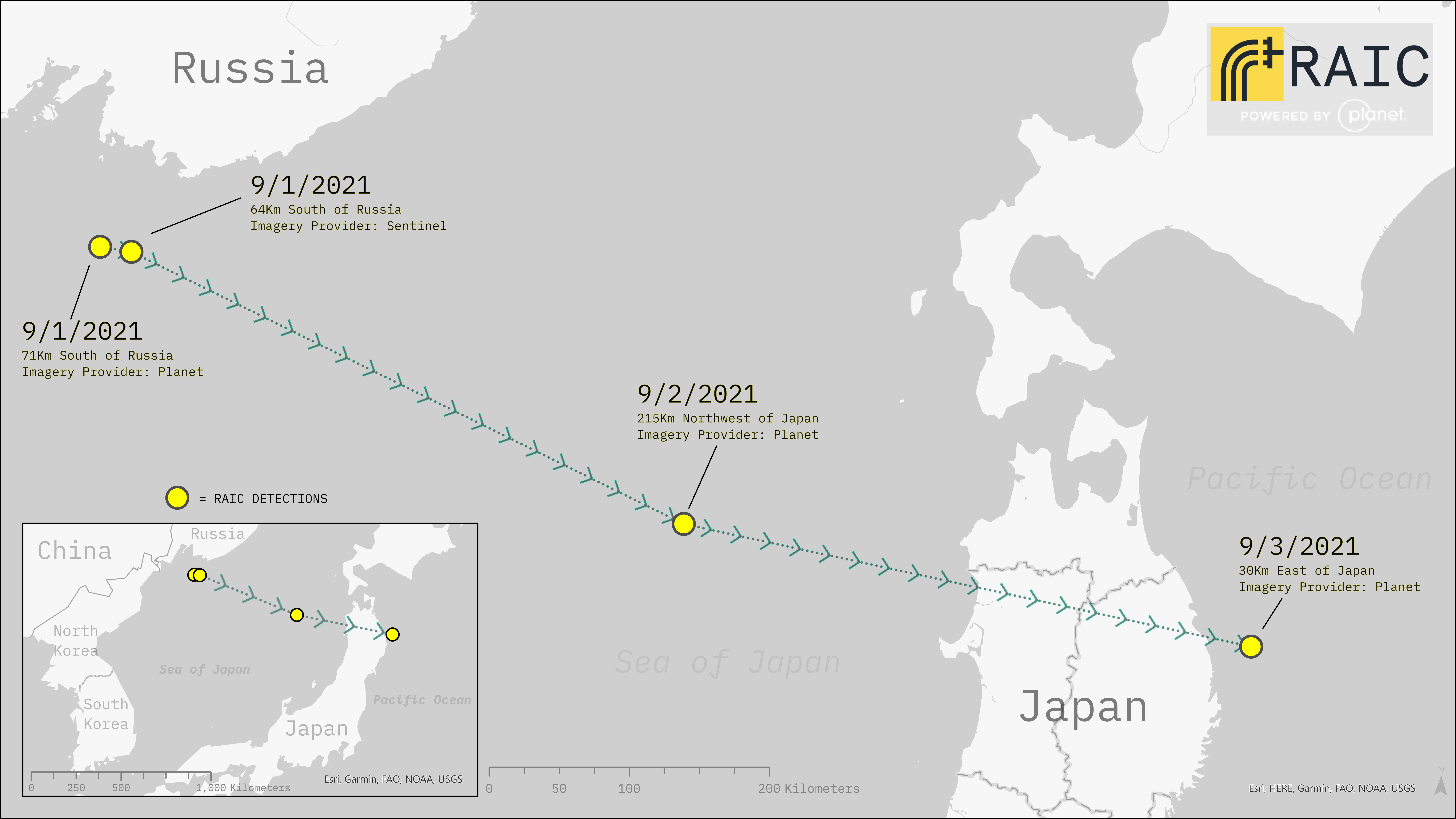 Map showing balloon sightings from 9/1 to 9/3 over the Sea of Japan