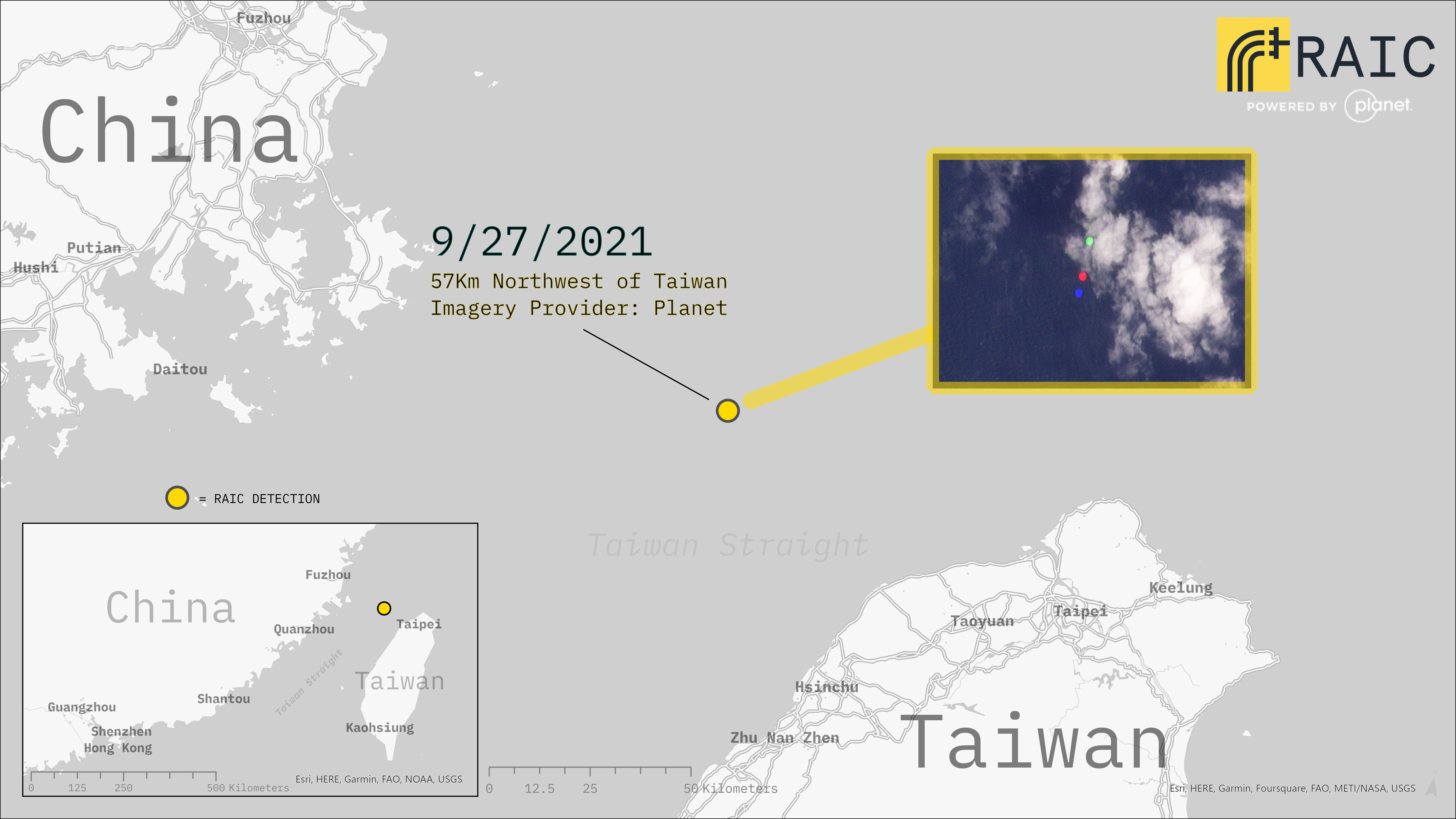 Map showing balloon sighting on 9/27/2021, 57 km NW of Taiwan
