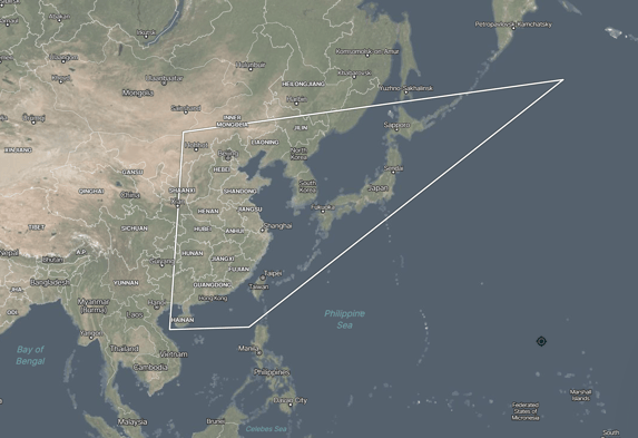 Map of East Asia with a polygon drawn around an area including the Korean Peninsula, Japan, Taiwan, and eastern China.