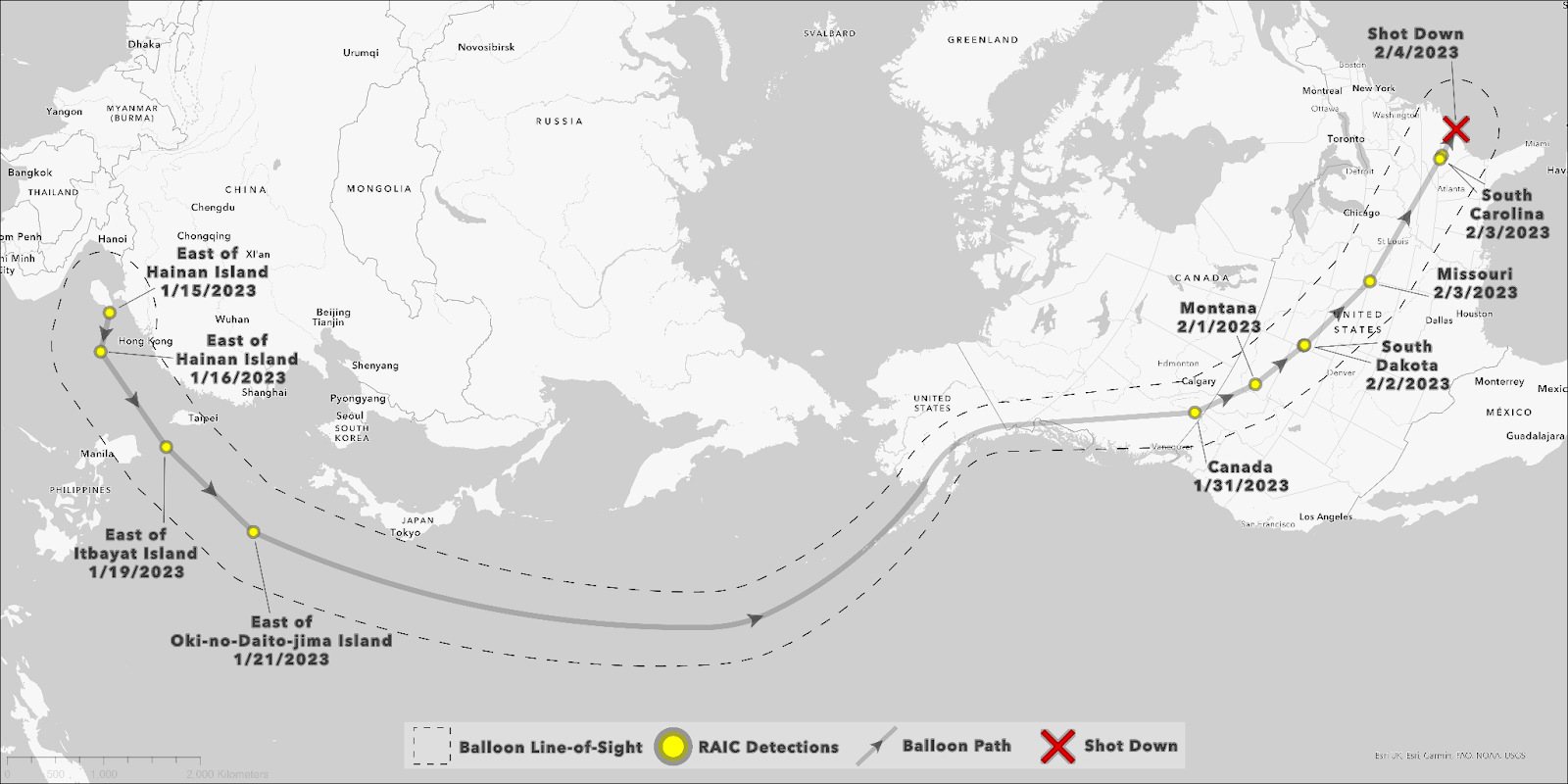 East of Hainan Island 1/15, East of Hainan Island 1/16, East of Itbayat Island 1/19, East of Oki-no-Daito-jima Island 1/21, Canada 1/31, Montana 2/1, South Dakota 2/2, Missouri 2/3, South Carolina 2/3